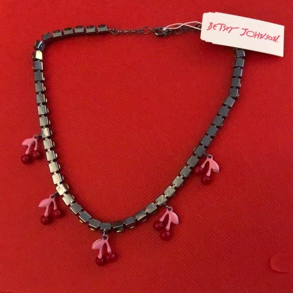Betsey Johnson Hematite Tone Black Crystal Tennis Necklace Cherry Charms NWT - Picture 10 of 12
